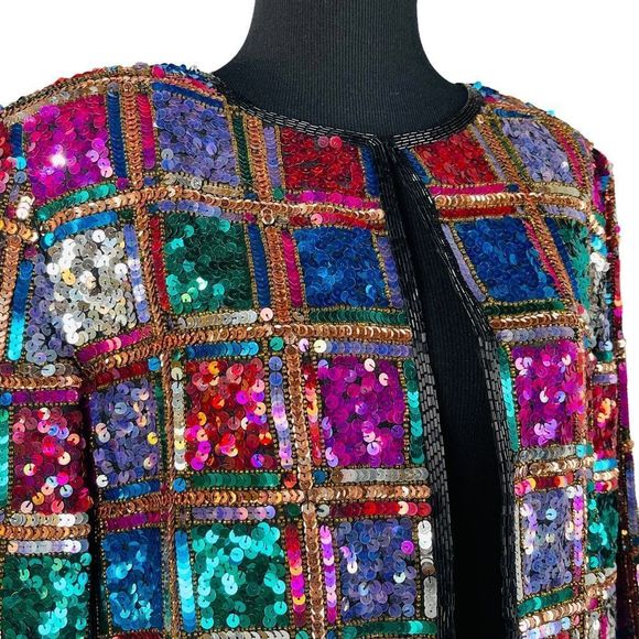 Vintage Rina Z Beaded Sequin Jacket 100% Silk Window Pane Boxy Cardigan … - Picture 3 of 14